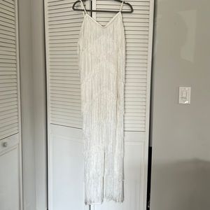 White Tassel Plunge Jumpsuit with fringe